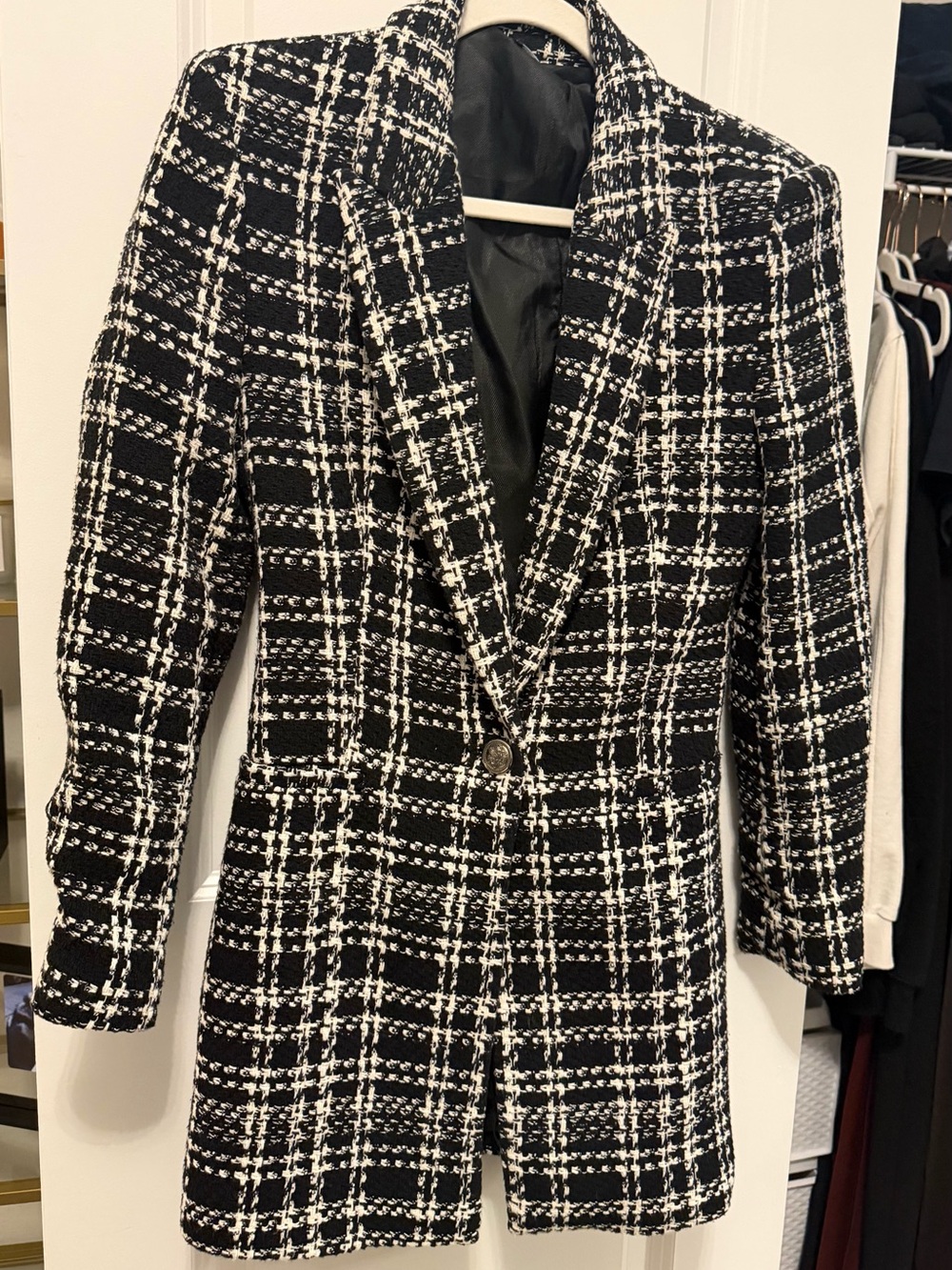 Zara Black and White Plaid Tweed Blazer